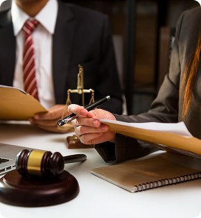 Lawyer and client discussing case details in a courtroom setting, with legal documents on the table.