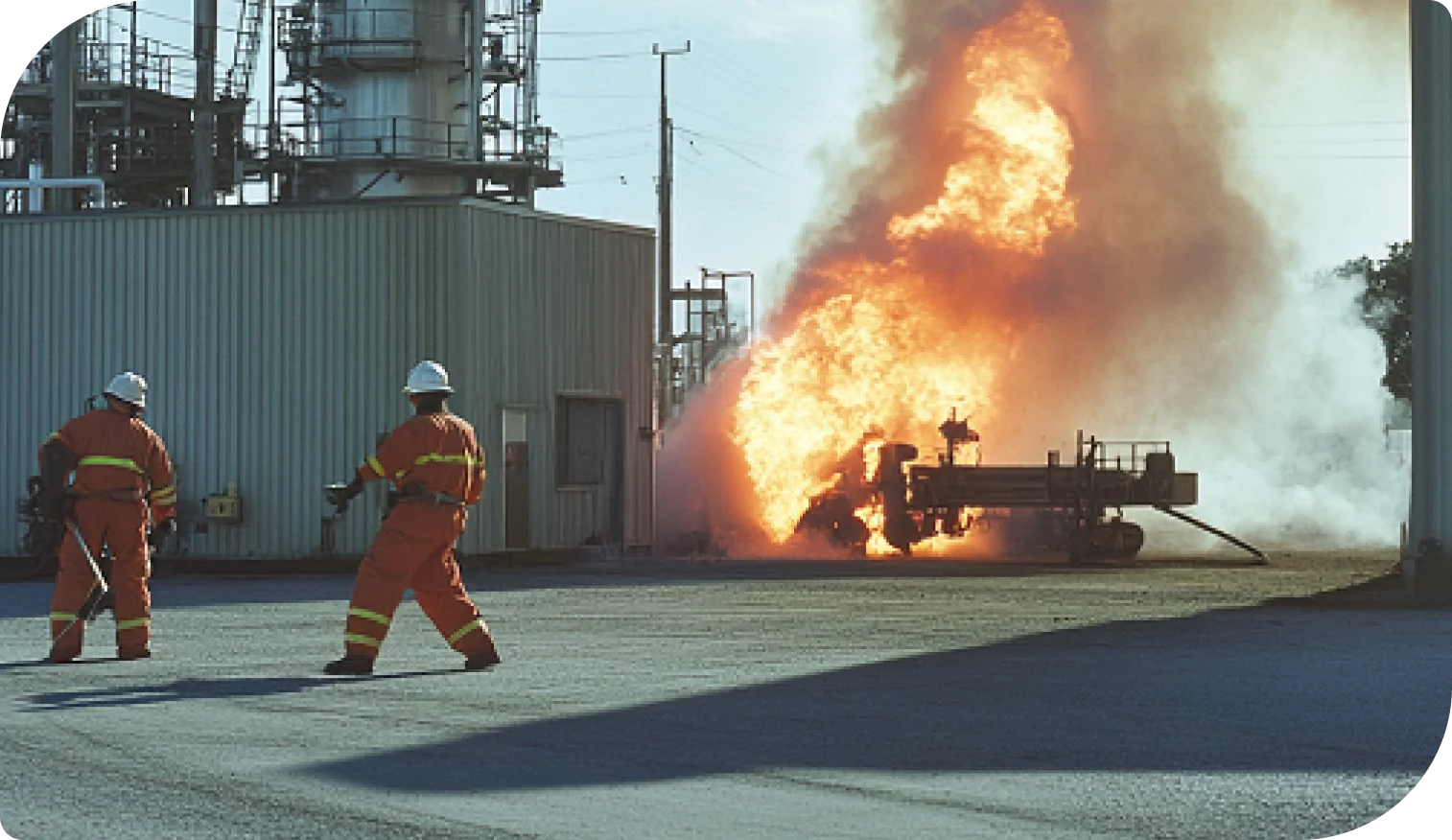Two firefighters in protective orange suits approach an industrial site fire with large flames and thick smoke rising near metal structures.