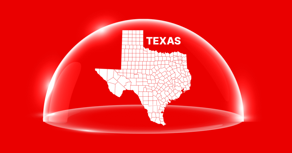 Map of Texas on a red background, encircled by a semi-circle shield symbolizing legal protection under self-defense laws.