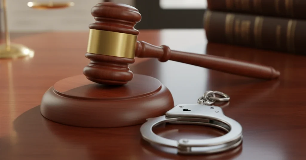 A gavel, handcuffs, and scales of justice on a table.