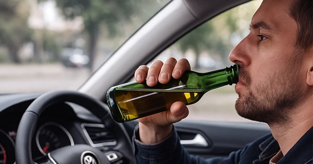 Man drinking from a bottle while driving a car.