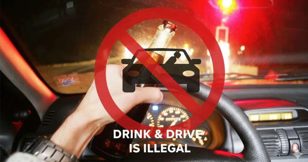 Hand holding beer bottle behind wheel, warning overlay.