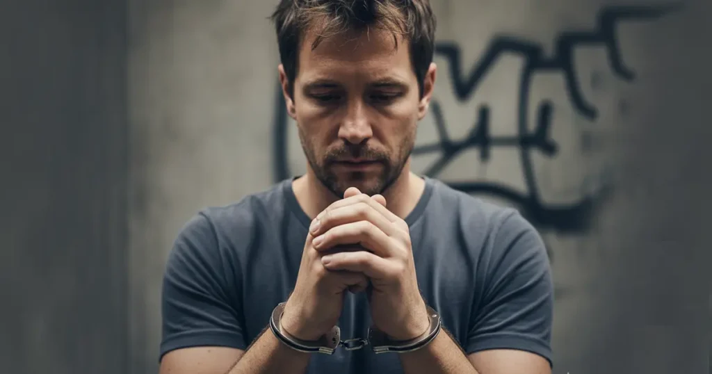 Handcuffed man reflecting on consequences after DWI Felony arrest