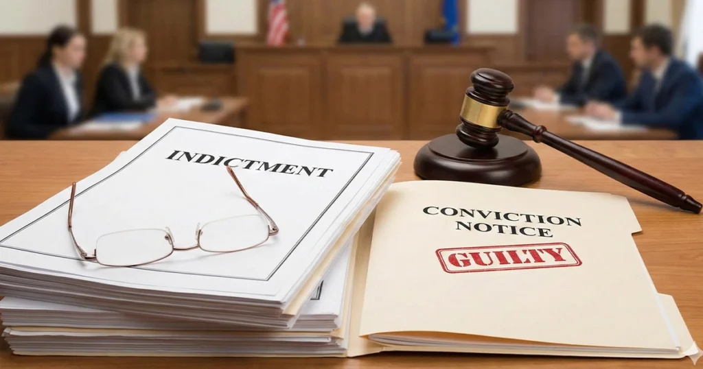 Indictment documents with guilty conviction notice displayed in courtroom
