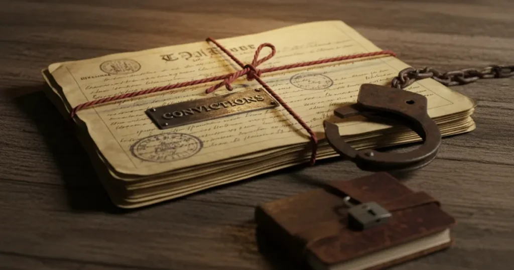 Historical conviction files with rusty handcuffs