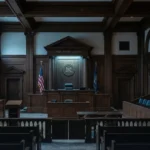 A wide-angle, moody shot of an empty courtroom, focusing on the dark wood judge's bench and the unoccupied witness stand, symbolizing severe legal gravity.