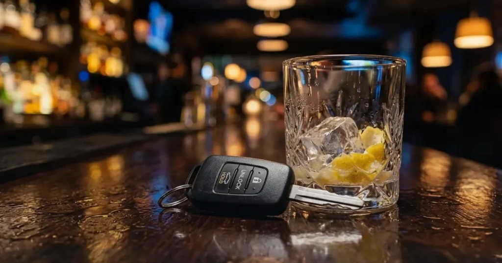 A set of car keys lying on a dark, reflective bar counter next to an empty cocktail glass, symbolizing the interaction of alcohol and driving risks.