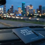 A silhouette of the Houston skyline at night, viewed through a car windshield with a legal document titled "Texas DWI Statutes" in the foreground.