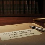 A close-up of a professional legal case file resting on a mahogany desk, labeled 'First-Time Possession: Texas Statutes,' with a gold judge's gavel and a blurred law library in the background.