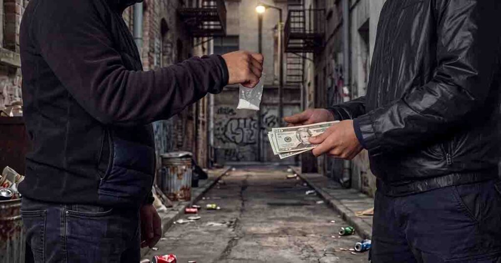 Two men exchanging drugs for cash