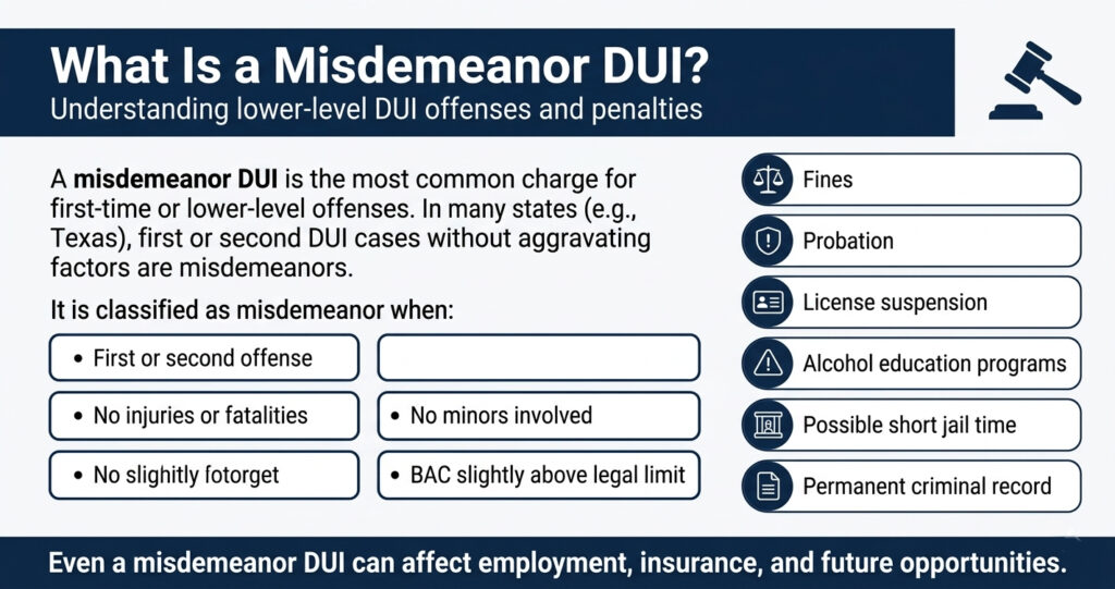 An educational graphic defining a misdemeanor DUI and listing typical conditions and legal penalties.
