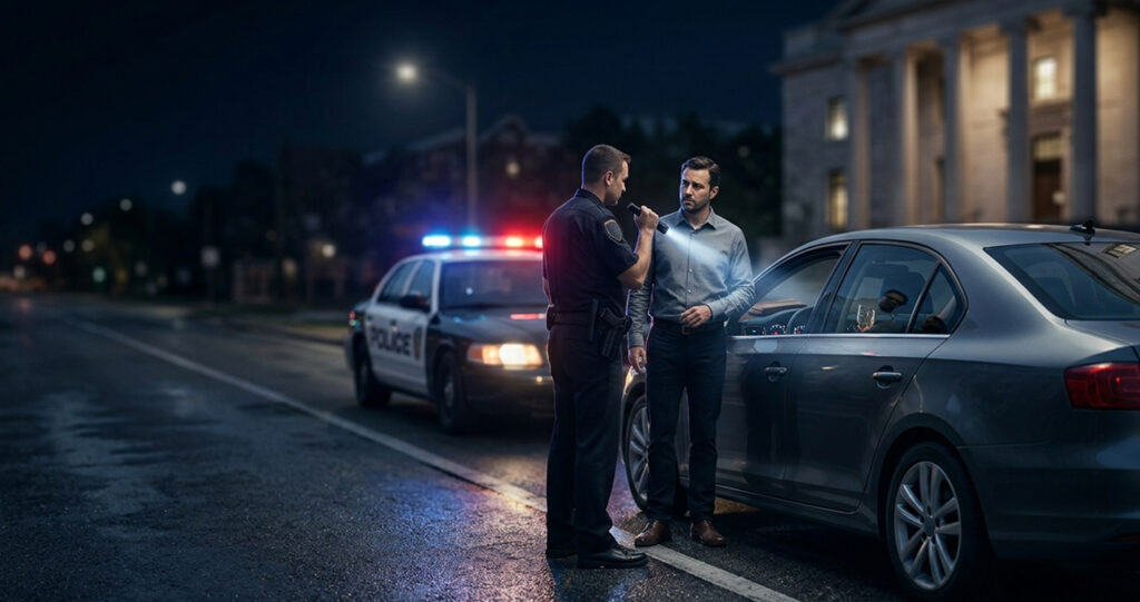 A police officer uses a flashlight to conduct a night-time roadside sobriety check on a driver next to their car.