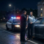 A police officer uses a flashlight to conduct a night-time roadside sobriety check on a driver next to their car.