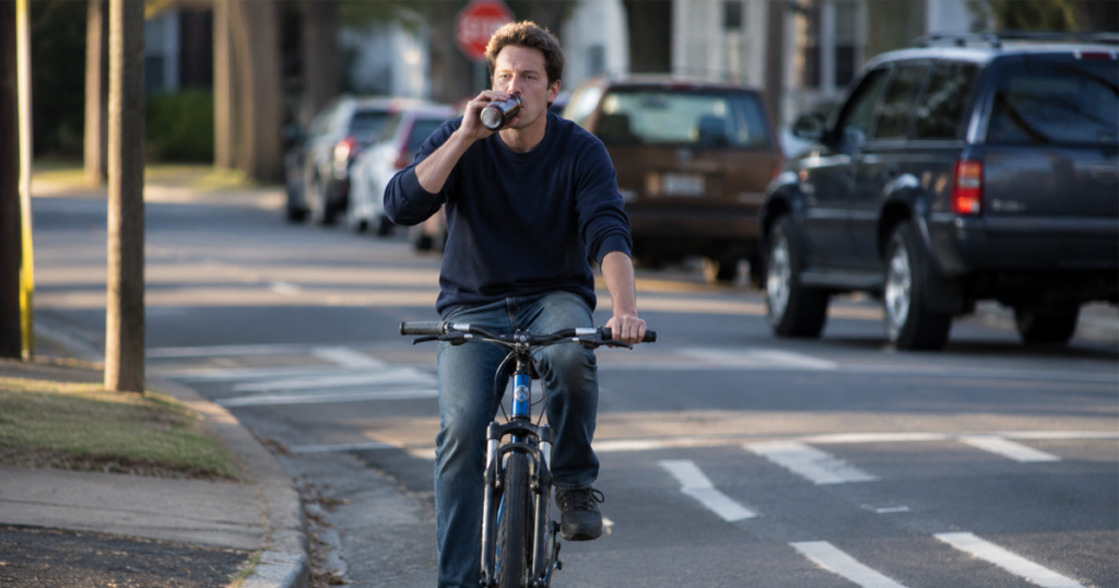 Man riding a bicycle while drinking alcohol on a city street.
