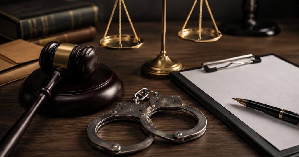 Gavel, handcuffs, scales of justice, and a clipboard on a desk, symbolizing criminal law and the rights of the accused.