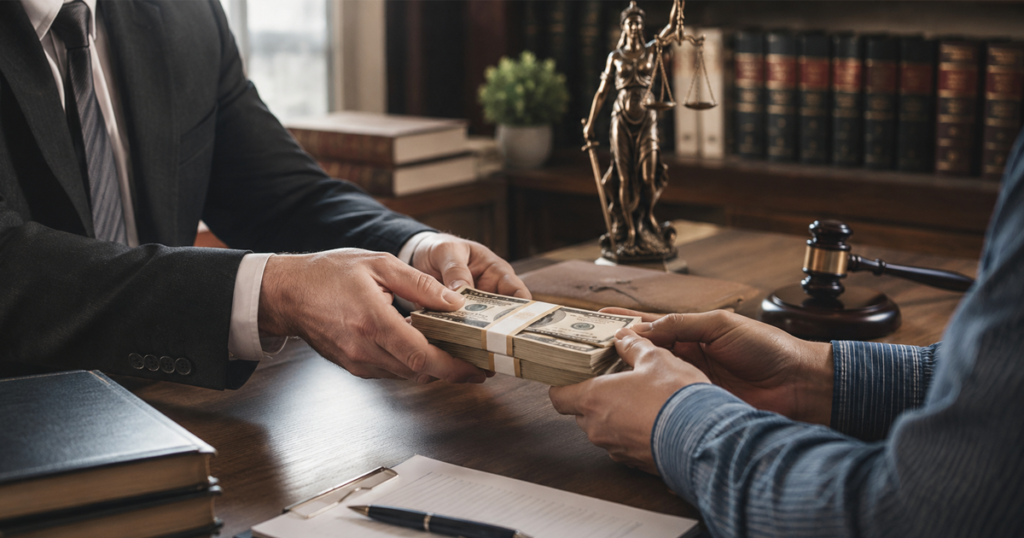 Attorney and client exchanging cash across a desk in a law office with a gavel and law books.
