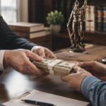 Attorney and client exchanging cash across a desk in a law office with a gavel and law books.