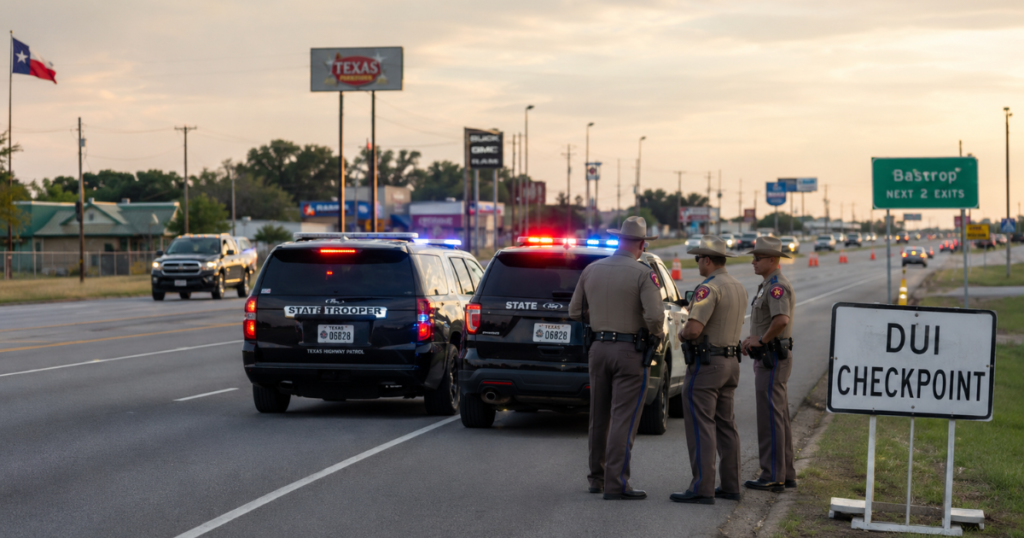 Texas police officers standing near patrol SUVs at a DUI checkpoint on a highway.