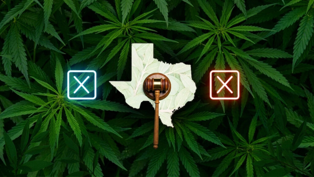 Gavel on a Texas map with cannabis leaves, representing Texas marijuana laws.