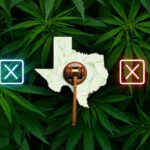 Gavel on a Texas map with cannabis leaves, representing Texas marijuana laws.