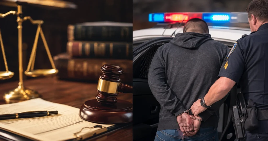 Split image showing legal documents and a gavel beside a police officer arresting a suspect.