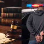 Split image showing legal documents and a gavel beside a police officer arresting a suspect.