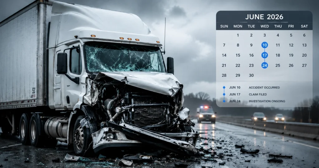 Damaged semi-truck on a rainy highway with a June 2026 accident claim timeline calendar.