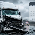 Damaged semi-truck on a rainy highway with a June 2026 accident claim timeline calendar.