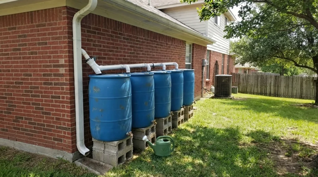 DIY rainwater harvesting system featuring five blue storage barrels on concrete blocks connected to a roof gutter downspout.