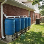 DIY rainwater harvesting system featuring five blue storage barrels on concrete blocks connected to a roof gutter downspout.