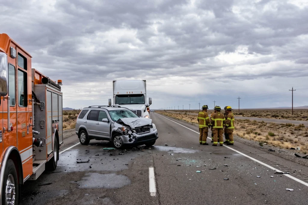 Firefighters stand on a highway near a silver SUV with significant front-end damage after a collision, with a semi-truck and fire engine nearby