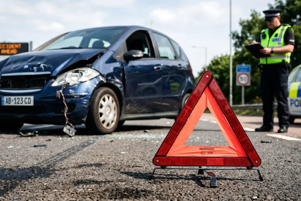 A red warning triangle stands on foreground, with a badly damaged blue car and a police officer taking notes.