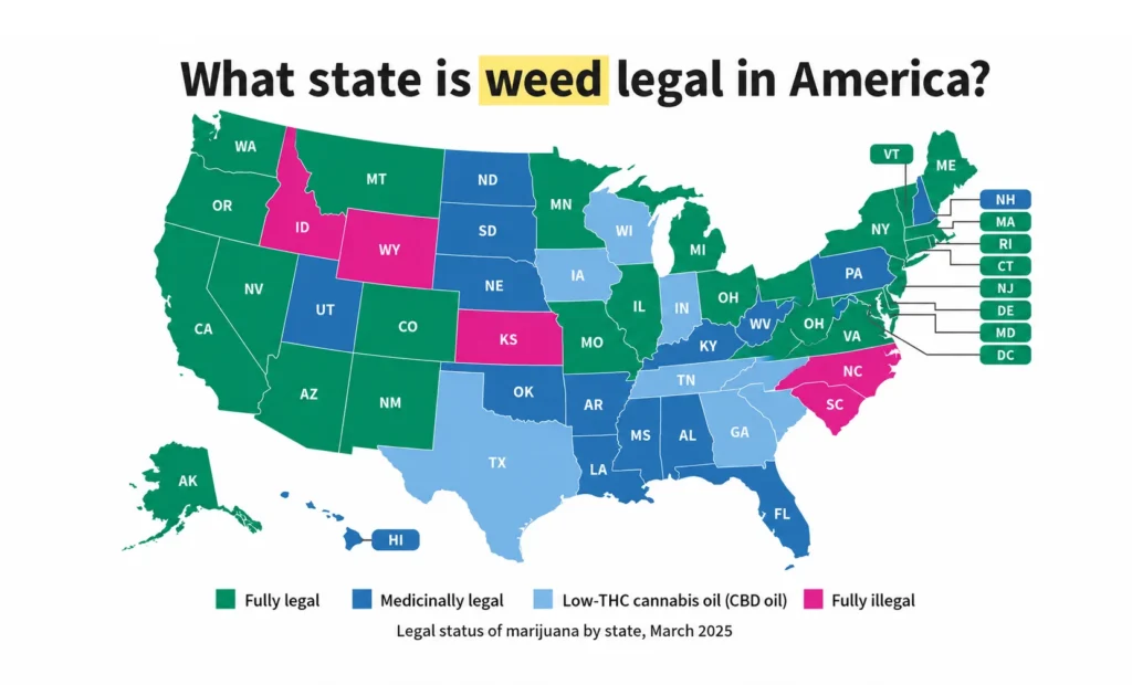 US map displaying the legal status of weed by state.