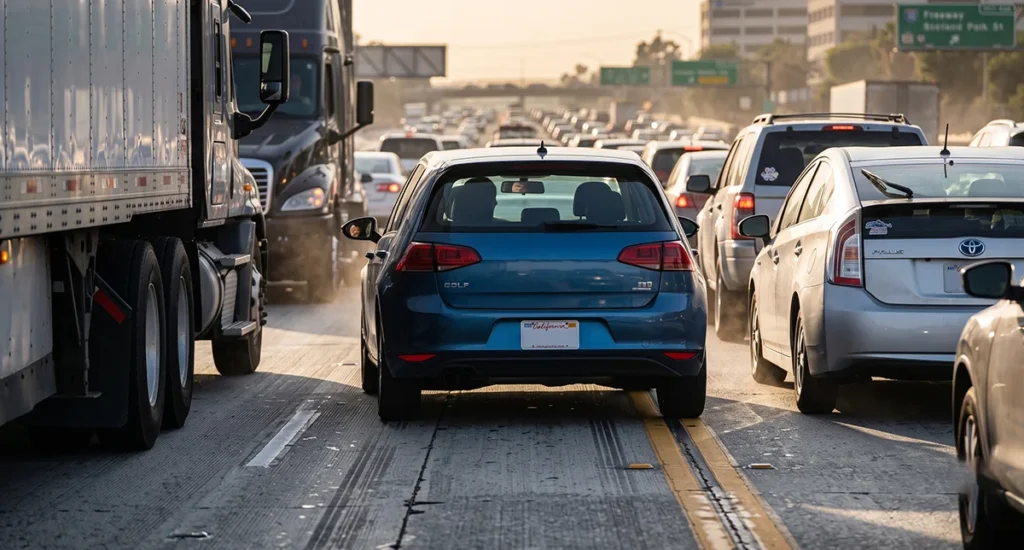 Heavy truck and passenger vehicles driving in slow-moving highway traffic during rush hour
