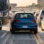 Heavy truck and passenger vehicles driving in slow-moving highway traffic during rush hour