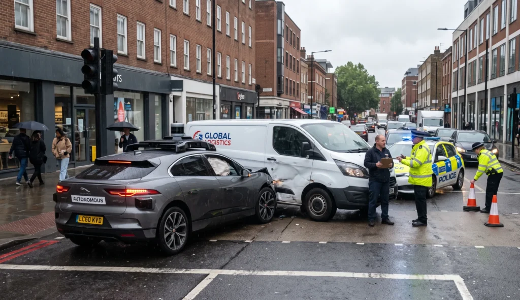 Self-driving car accident with a delivery van in city traffic.