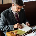 Lawyer reviewing document with pen at table during coffee meeting.