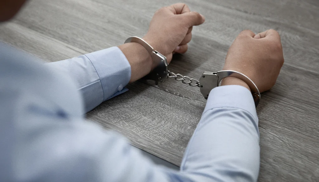 Close-up of a person's handcuffed hands resting on a wooden table.