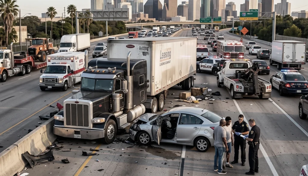 Commercial semi-truck accident scene on Houston highway with police present.