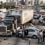 Commercial semi-truck accident scene on Houston highway with police present.