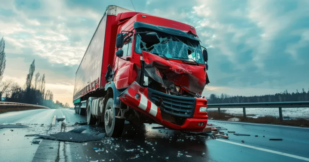 Wrecked red semi truck on a highway