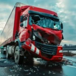 Wrecked red semi truck on a highway