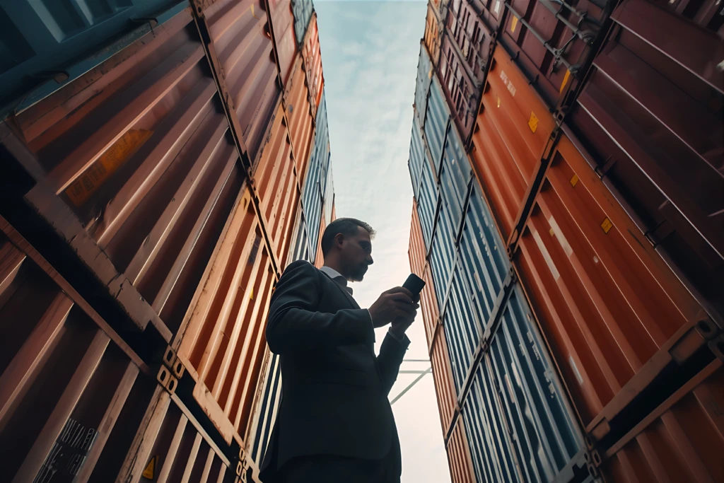 A low-angle shot of a businessman in a suit looking at a smartphone while standing between high stacks of shipping containers