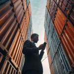 A low-angle shot of a businessman in a suit looking at a smartphone while standing between high stacks of shipping containers